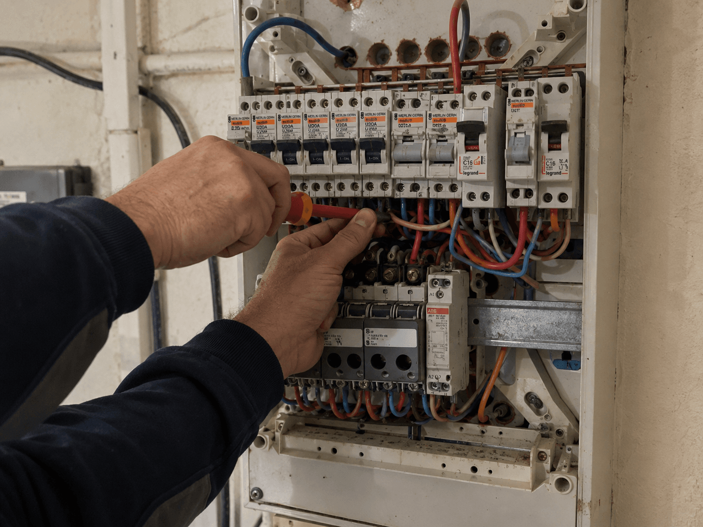 Électricien intervenant sur un tableau électrique ouvert
